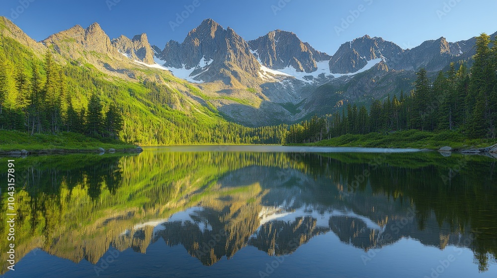 Majestic mountain peaks reflected in a serene alpine lake at sunrise. Majestic mountain peaks reflected in a serene alpine lake at sunrise.