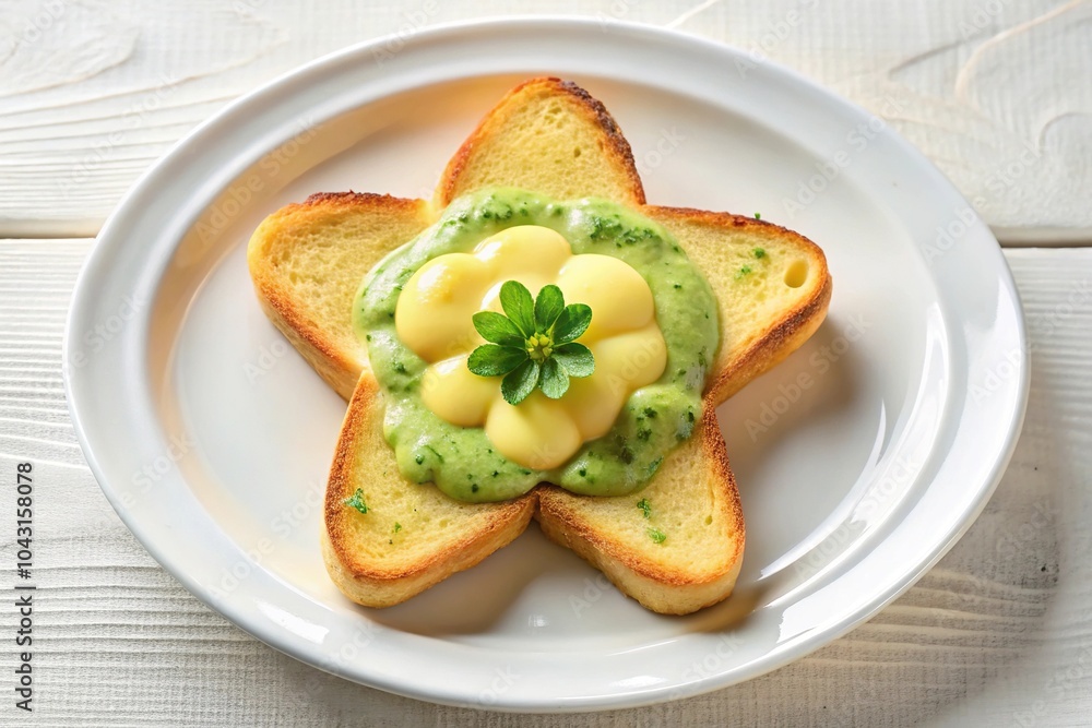 Grilled toast with green custard and condensed milk in flower shape on dish Grilled toast with green custard and condensed milk in flower shape on dish