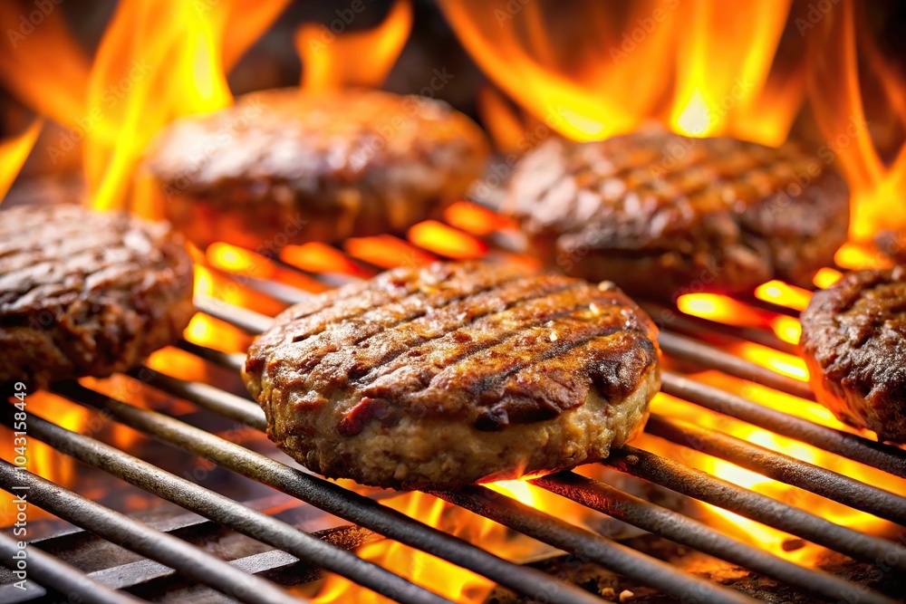 Grilling hamburger patties on iron grate over open flame Grilling hamburger patties on iron grate over open flame
