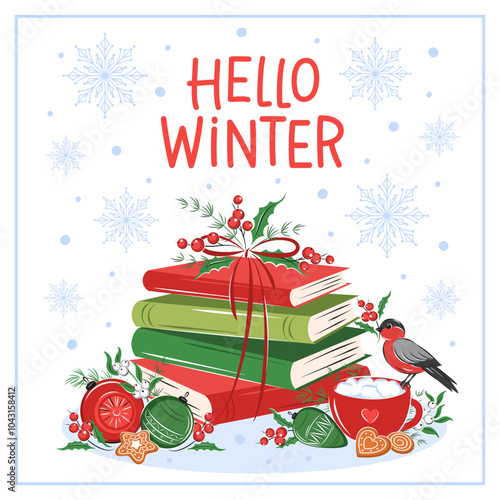 Hello winter. Books with winter holiday decor. Layout design for bookstore or library. Vector illustration