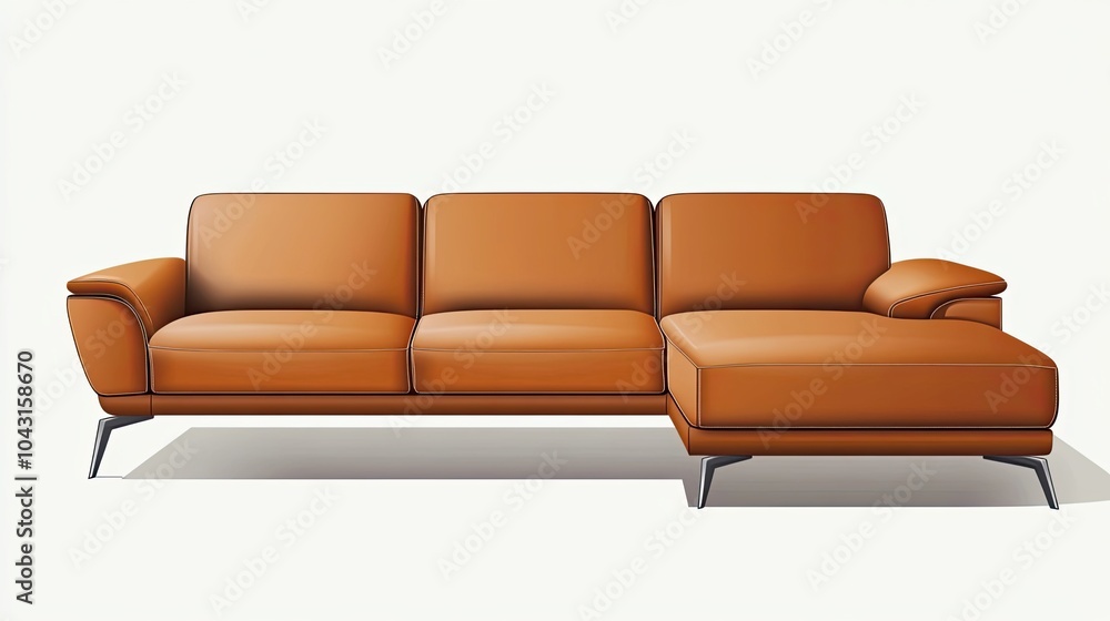 Fototapeta premium Brown Leather Sectional Sofa with Chrome Legs