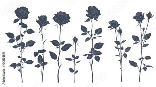 Set of eight silhouette roses with leaves and stems.