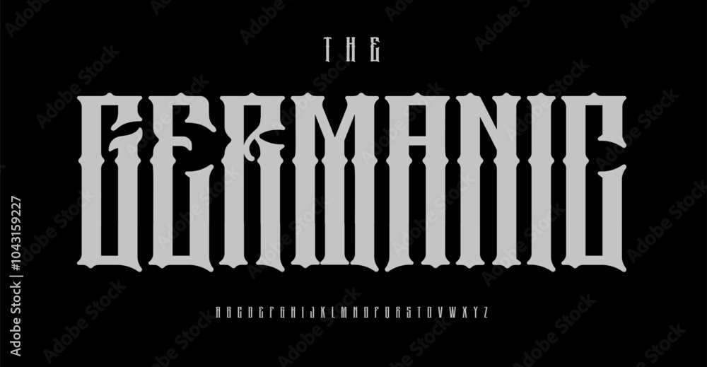 Gothic blackletter font, schwabacher letters with dramatic sharp edges, fraktur alphabet for tattoo saloon, heavy metal music logo, old school medieval germanic style headline. Rotunda style typeset