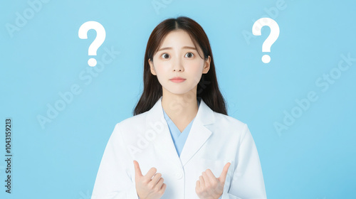 Asian female doctor in white coat holding a question mark symbol on her hand