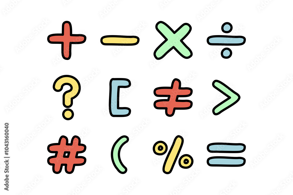 Fototapeta premium Pastel math symbol sign set. Addition, subtraction, division, multiplication, percentage. Education, school learning concept. Hand drawn doodle vector design isolated illustration.