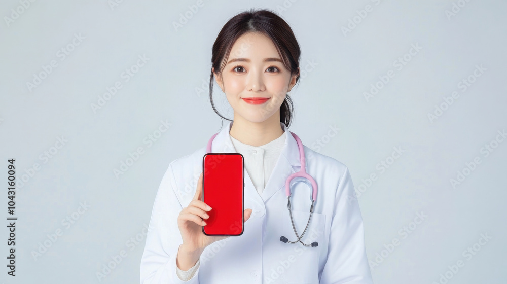 Beautiful young Asian woman in white medical gown holding red smartphone isolated on white background. Copy space for text. Beautiful young Asian woman in white medical gown holding red smartphone isolated on white background. Copy space for text.