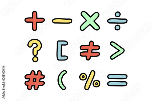 Pastel math symbol sign set. Addition, subtraction, division, multiplication, percentage. Education, school learning concept. Hand drawn doodle vector design isolated illustration.