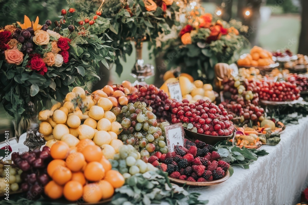 A table overflowing with fresh fruits like oranges, grapes, and raspberries. A table overflowing with fresh fruits like oranges, grapes, and raspberries.