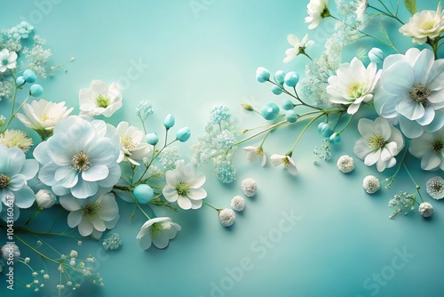 Floral Banner with White and Blue Flowers on Blue Green Background for Elegant Design, Wedding Invitations, Greetings, Social Media, and Home Decor