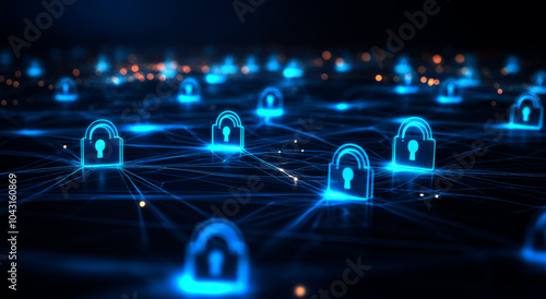 Abstract background with a digital padlock on blue glowing connection 