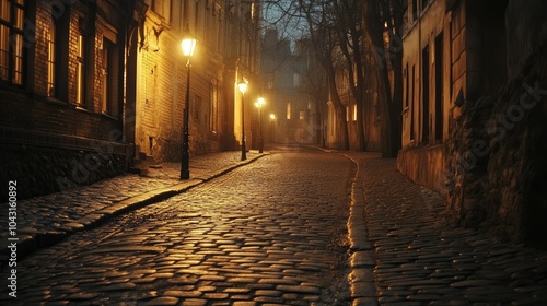 Fototapeta Naklejka Na Ścianę i Meble -  An empty cobblestone street in a Victorian setting, illuminated by dim gas lamps. The warm light contrasts with the stillness.