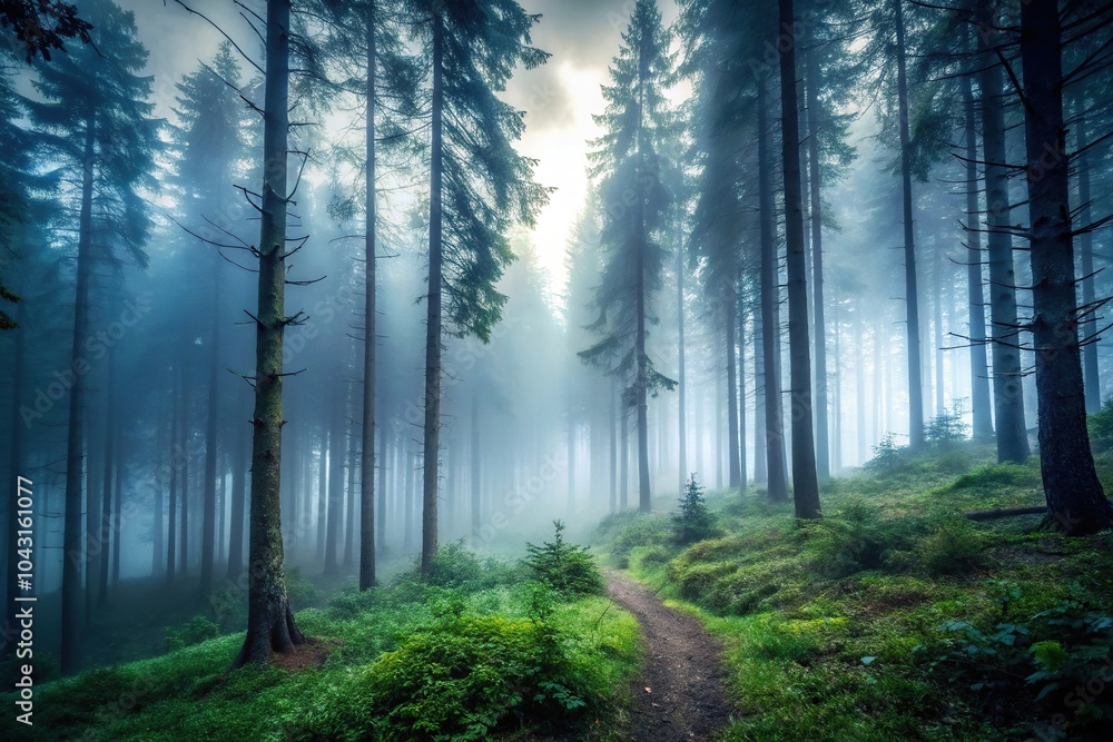 Fototapeta premium Eerie dark forest with creeping fog