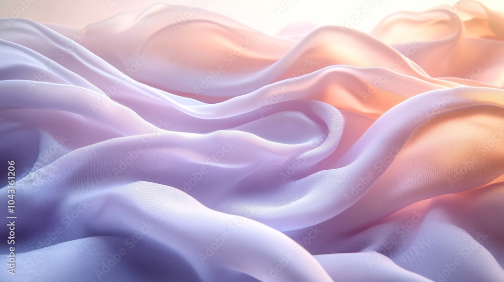 Fototapeta premium Soft, flowing fabric in shades of lavender and white, illuminated by a warm, golden light.