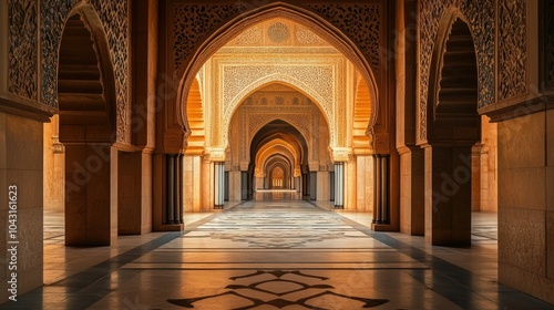 Arab archway with ornate patterns leading to a serene mosque, illuminated by soft light, creating a peaceful and spiritually significant atmosphere.