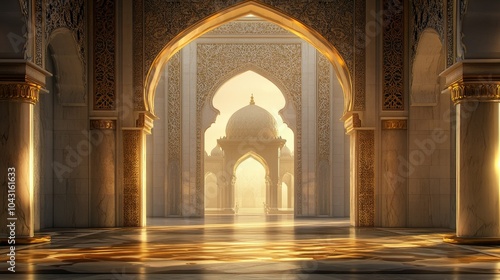 Arab archway with ornate patterns leading to a serene mosque  illuminated by soft light  creating a peaceful and spiritually significant atmosphere.