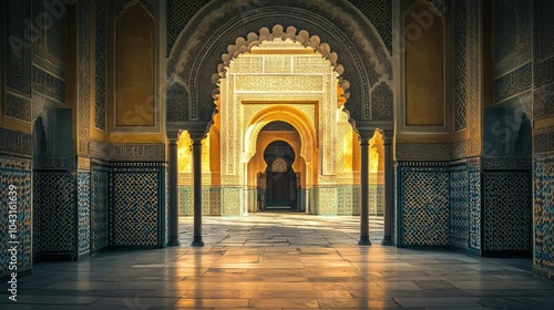 Arab-style archway leading to a mosque  bathed in soft light  with ornate patterns that evoke cultural depth and spiritual calm.
