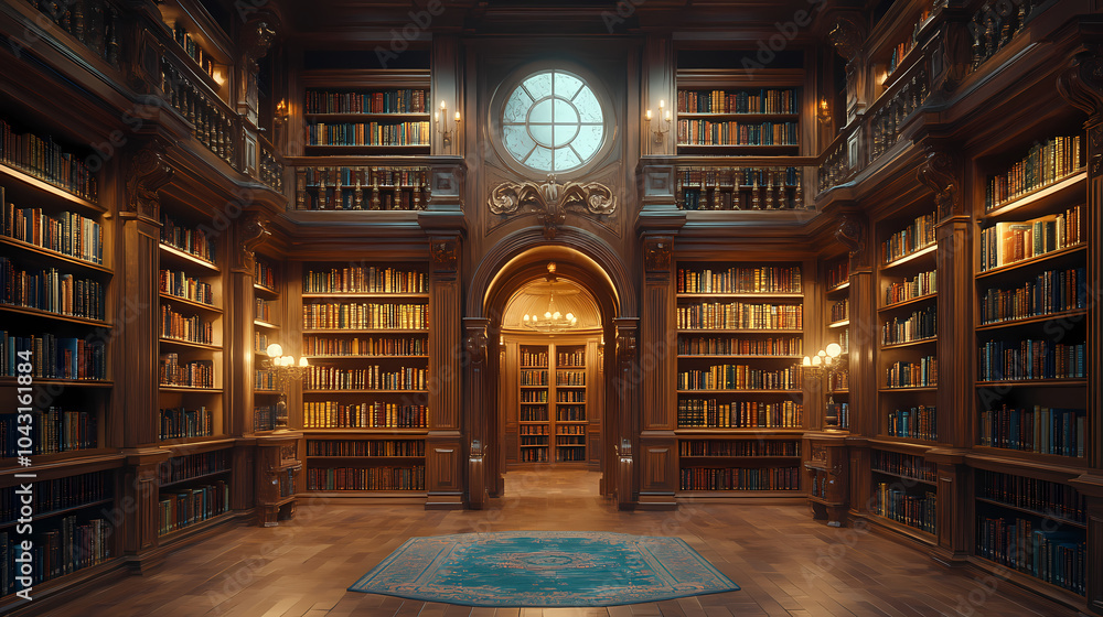 Obraz premium Blurred bookshelf background.Bookshelf in Library with antique books. 3d rendering.