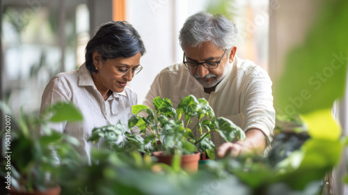 Wallpaper Mural Couple caring houseplants at home. Indian mature man and woman with green plants Torontodigital.ca