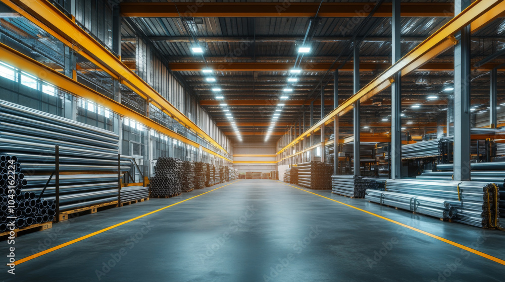 Robot analyzing data in futuristic metal products warehouse setting, concept of industrial future