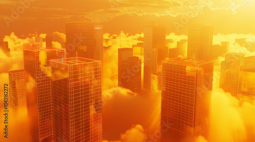 Futuristic city skyline with skyscrapers among orange clouds, sandstorm concept, background photo