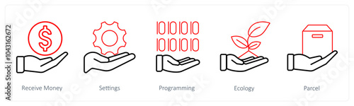 A set of 5 mix icons as receive money, settings, programmingz