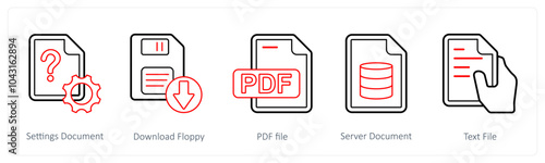 A set of 5 mix icons as settings document, download floppy