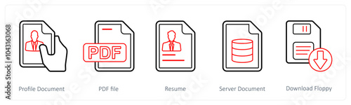 A set of 5 mix icons as profile document, pdf file, resume