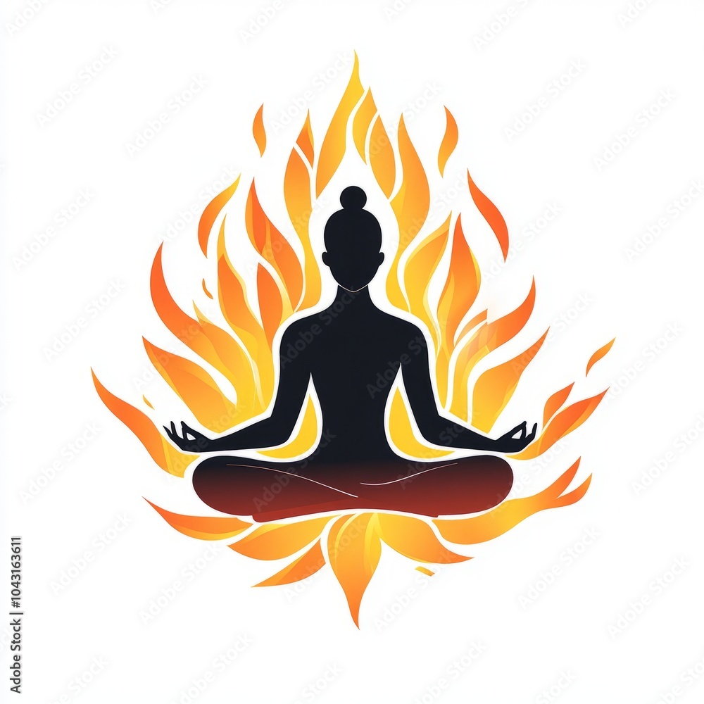 Silhouette of a woman in lotus pose surrounded by flames. Silhouette of a woman in lotus pose surrounded by flames.
