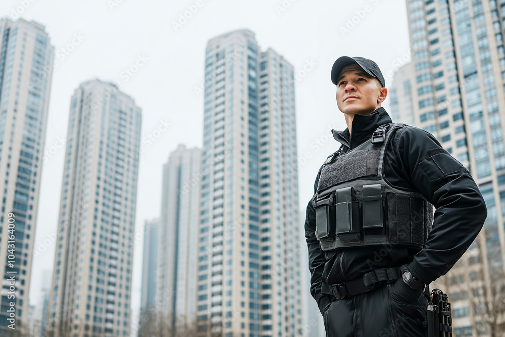 Security guard against the backdrop of a residential sleeping area. Copy space Security guard against the backdrop of a residential sleeping area. Copy space