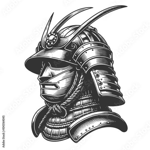 traditional samurai helmet, showcasing intricate armor design and ancient Japanese warrior aesthetics sketch engraving generative ai vector illustration. Scratch board imitation. Black and white image