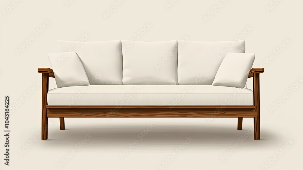 Fototapeta premium White Sofa with Wooden Frame and Pillows