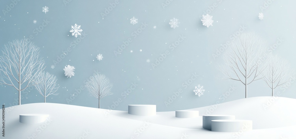 Fototapeta premium A serene winter landscape with snow-covered hills, trees, and falling snowflakes.