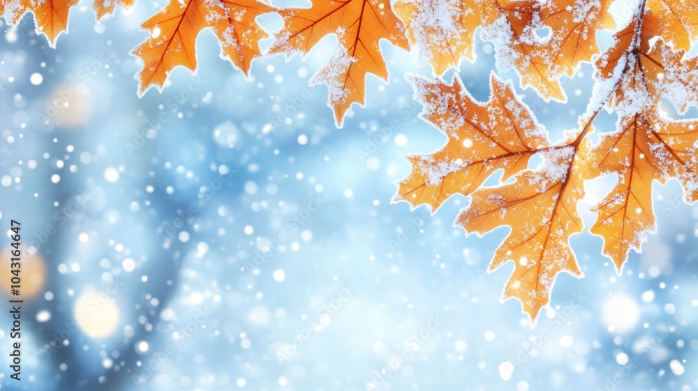 A serene winter scene featuring snowflakes falling on vibrant orange leaves. A serene winter scene featuring snowflakes falling on vibrant orange leaves.