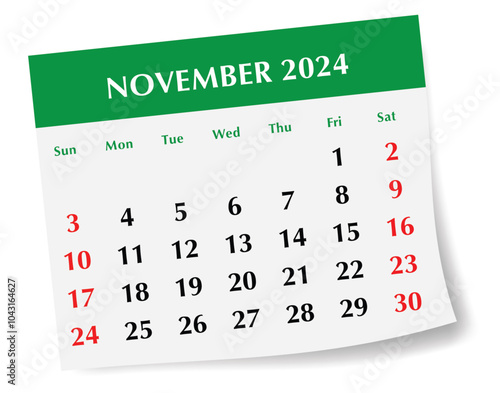 ENGLISH November 2024 calendar. Vector illustration. Monthly planning for business