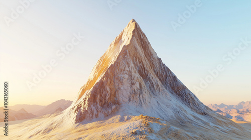 Pyramid-shaped mountain peak illuminated by gentle sunrise in a vast, barren landscape, evoking tranquility and isolation | AI Created