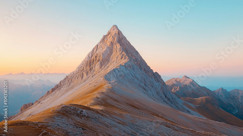 Symmetrical mountain peak at dawn with soft pastel hues and gentle light, set against a tranquil sky | AI Created