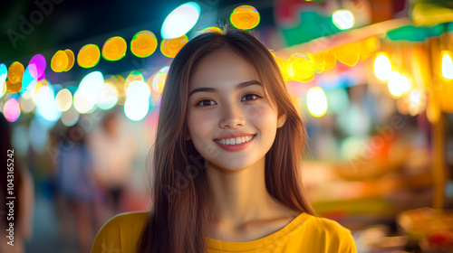 A young woman with a radiant smile stands in front of vibrant bokeh lights at night