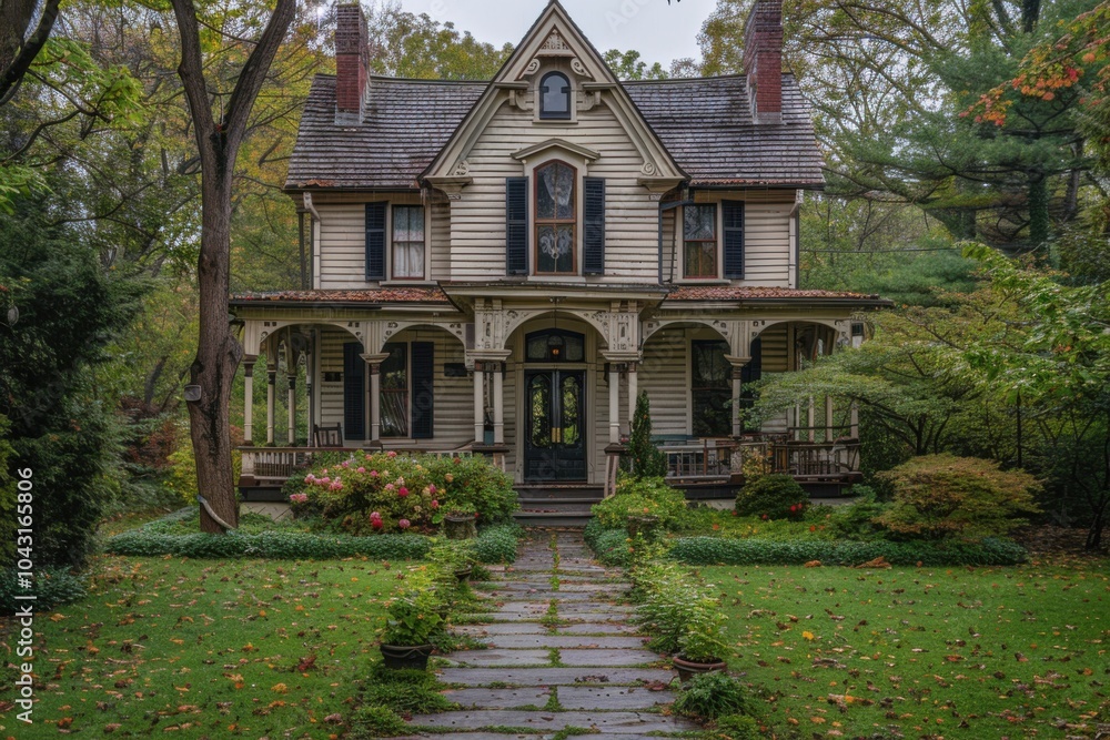 Large house with a walkway in front of it Large house with a walkway in front of it