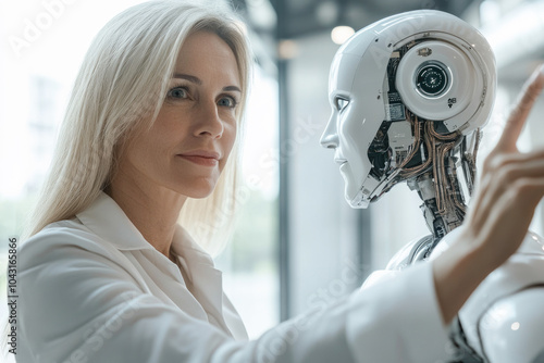 Human-ai connection: woman engaging with futuristic robot in modern setting