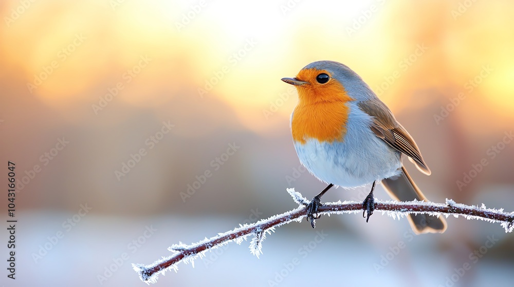 A charming bird perched on a frosty branch, showcasing vibrant orange and blue plumage against a soft, warm background. A charming bird perched on a frosty branch, showcasing vibrant orange and blue plumage against a soft, warm background.