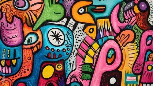 Vibrant,colorful doodle art featuring an eclectic mix of abstract shapes,patterns,and playful,whimsical designs. This modern,imaginative artwork has a fun,quirky and experimental style.