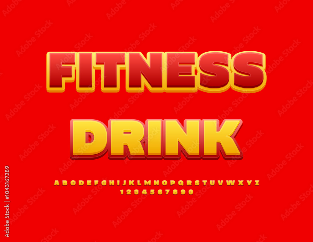 Vector creative label Fitness Drink. Bright Yellow and Red Font. Artistic set of Alphabet Letters and Numbers. Vector creative label Fitness Drink. Bright Yellow and Red Font. Artistic set of Alphabet Letters and Numbers.