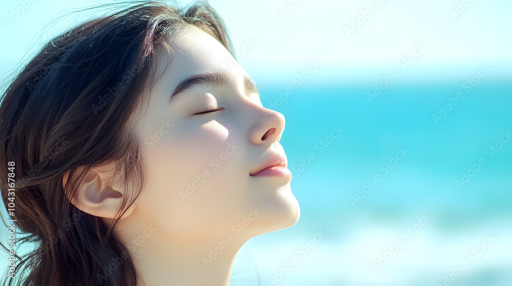 Serene Brunette Inhales Fresh Sea Air with Peaceful Poise Serene Brunette Inhales Fresh Sea Air with Peaceful Poise