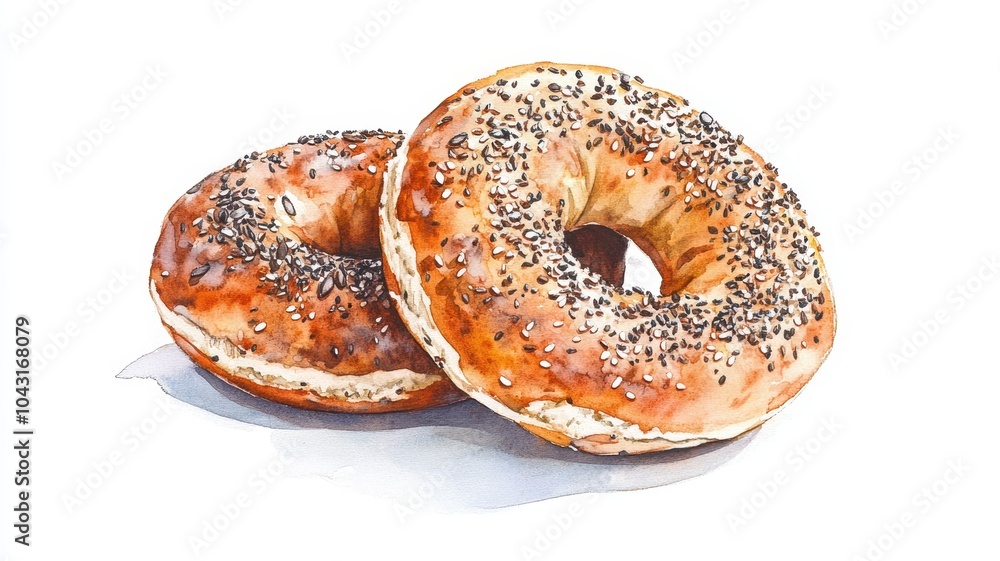 Watercolor sesame seeds bagels on white background,London Bagel,plain bagels,Everything bagels topped with cream cheese for breakfast,Homemade freshly plain,onion bagels,space for text. Watercolor sesame seeds bagels on white background,London Bagel,plain bagels,Everything bagels topped with cream cheese for breakfast,Homemade freshly plain,onion bagels,space for text.