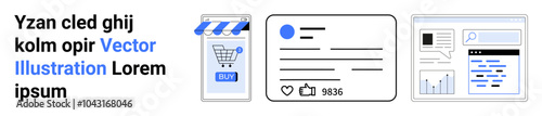 Three digital graphics showing online store, social media engagement, and data analytics. Ideal for e-commerce, digital marketing, social media, data analysis, and user engagement. Banner for landing