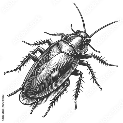 cockroach, showcasing its anatomy with precise detail, in a vintage engraving style sketch engraving generative ai vector illustration. Scratch board imitation. Black and white image.