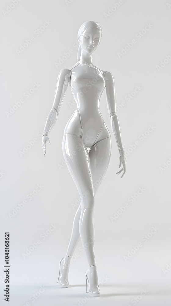 Confident White Fashion Mannequin in Bold Runway Pose on Plain Background Confident White Fashion Mannequin in Bold Runway Pose on Plain Background