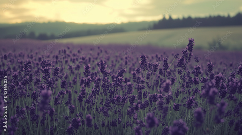 Fototapeta premium Lever de soleil au dessus d'un champ de fleur