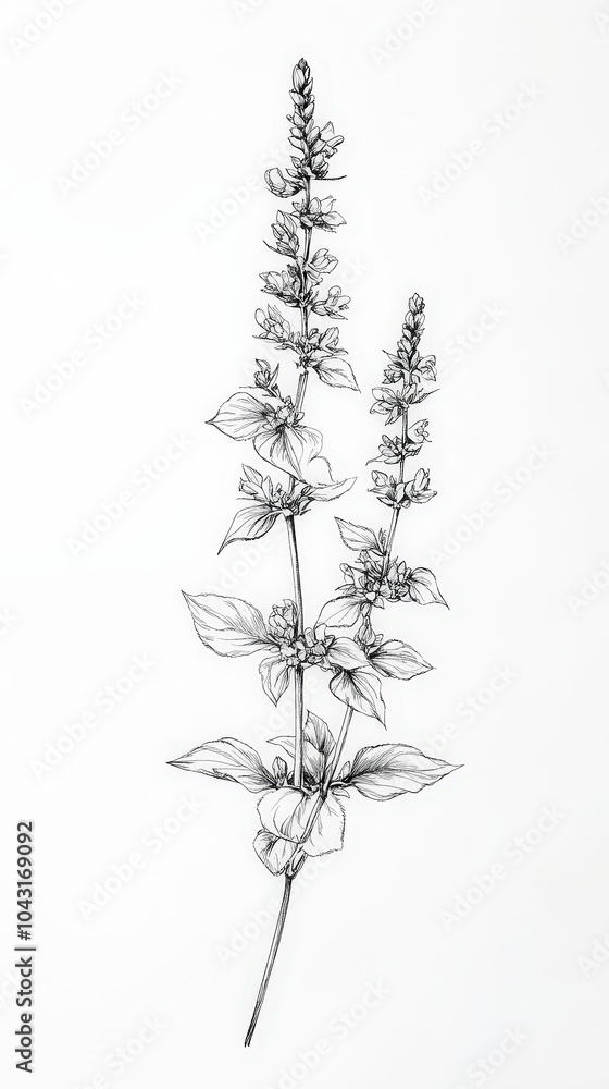 Salvia Sage detailed hand drawing of the line, botanical plant, medicinal herbs, light clean background. Generative AI Salvia Sage detailed hand drawing of the line, botanical plant, medicinal herbs, light clean background. Generative AI