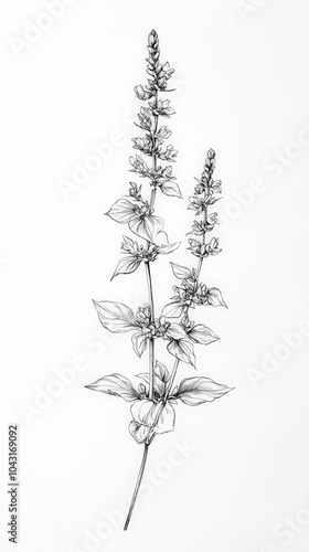 Salvia Sage detailed hand drawing of the line, botanical plant, medicinal herbs, light clean background. Generative AI